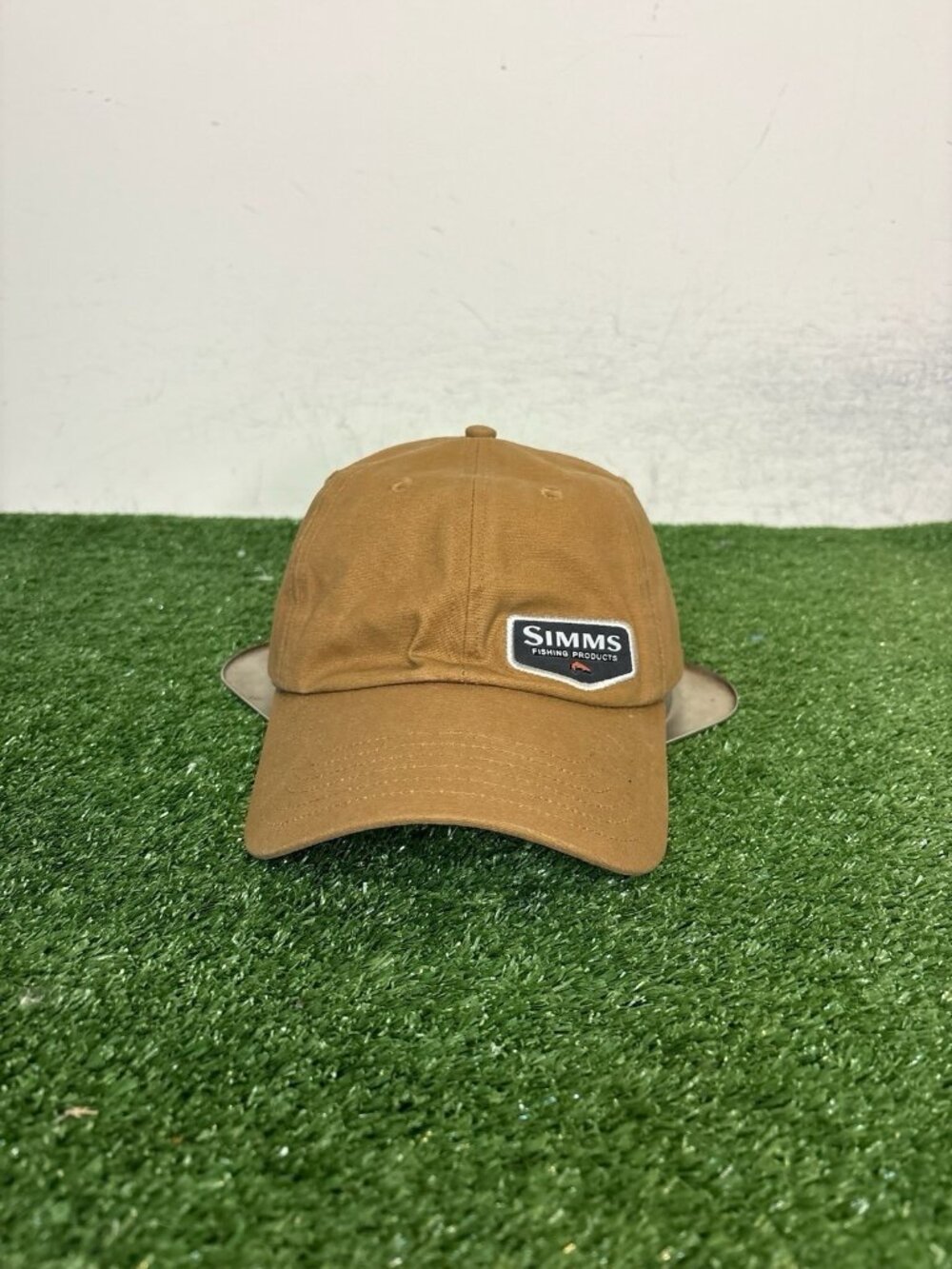 Simms fishing hat cap strap back tan brown oil cloth adjustable logo mens fish